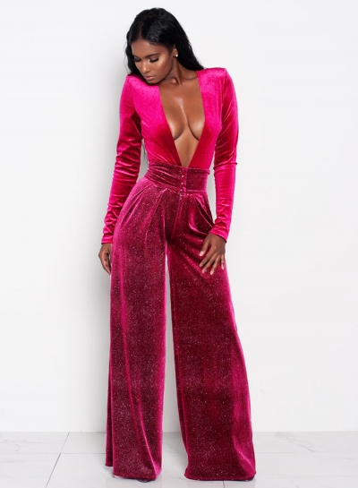 Fashion Deep V Neck Long Sleeve Solid Color Jumpsuit YOUYOUFASHIONEC.com