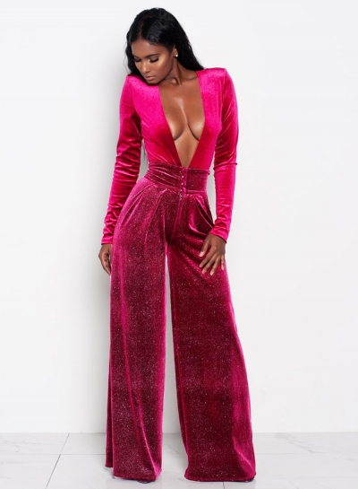 Fashion Deep V Neck Long Sleeve Solid Color Jumpsuit STYLESIMO.com