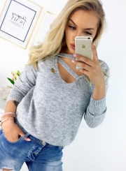 Fashion V Neck Long Sleeve Solid Color Knit Sweater