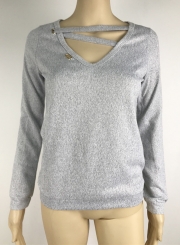 Fashion V Neck Long Sleeve Solid Color Knit Sweater