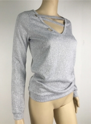 Fashion V Neck Long Sleeve Solid Color Knit Sweater