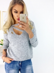 Fashion V Neck Long Sleeve Solid Color Knit Sweater