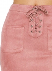 Lace-up front Slim fit Suede Mini Skirt
