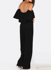 Off Shoulder Short Sleeve Ruffle Solid Jumpsuit