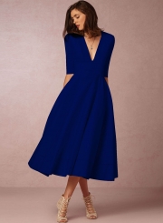 Fashion V Neck Half Sleeve Solid Color Dress