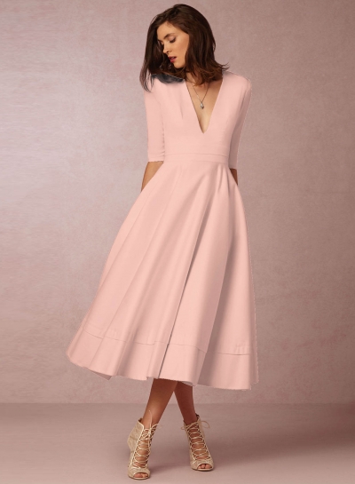 Fashion V Neck Half Sleeve Solid Color Dress STYLESIMO.com