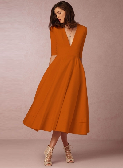 Fashion V Neck Half Sleeve Solid Color Dress YOUYOUFASHIONEC.com