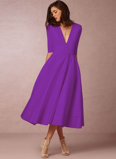 Fashion V Neck Half Sleeve Solid Color Dress YOUYOUFASHIONEC.com