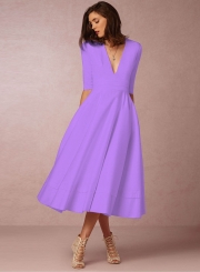 Fashion V Neck Half Sleeve Solid Color Dress