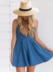 Fashion Deep V Neck Sleeveless Solid Color Dress