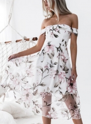 Fashion Slash Neck Floral Printed Net Yarn Splicing Dress