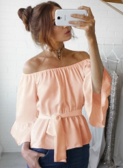 Off Shoulder Flare Sleeve Chiffon Blouse with Belt