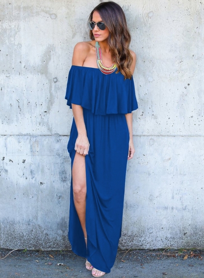 Fashion Off Shoulder Ruffle Maxi Dress with Pocket