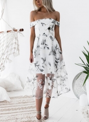 Fashion Slash Neck Floral Printed Net Yarn Splicing Dress