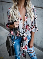 Elegant Deep V Neck Three Quarter Length Sleeve Floral Printed Blouse