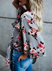 Elegant Deep V Neck Three Quarter Length Sleeve Floral Printed Blouse