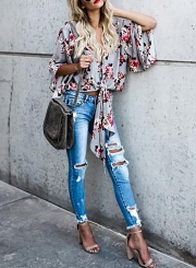 Elegant Deep V Neck Three Quarter Length Sleeve Floral Printed Blouse