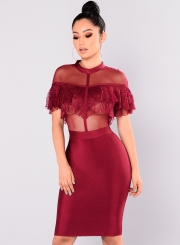 Elegant Lace Net Yarn Splicing Bodycon Solid Color Dress