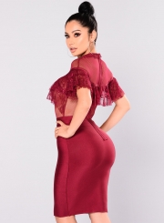 Elegant Lace Net Yarn Splicing Bodycon Solid Color Dress