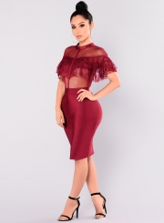 Elegant Lace Net Yarn Splicing Bodycon Solid Color Dress