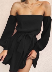 Sexy Slash Neck Long Sleeve Solid Color Dress