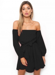 Sexy Slash Neck Long Sleeve Solid Color Dress