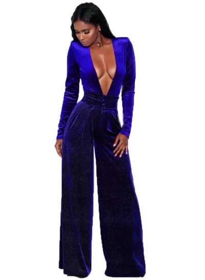 Fashion Deep V Neck Long Sleeve Solid Color Jumpsuit YOUYOUFASHIONEC.com