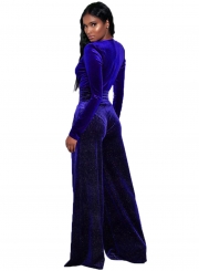 Fashion Deep V Neck Long Sleeve Solid Color Jumpsuit