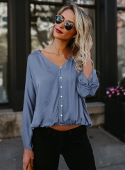 Casual V Neck Long Sleeve Solid Color Blouse