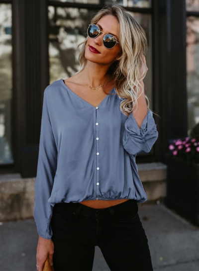 Casual V Neck Long Sleeve Solid Color Blouse YOUYOUFASHIONEC.com