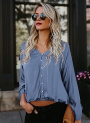 Casual V Neck Long Sleeve Solid Color Blouse