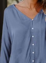 Casual V Neck Long Sleeve Solid Color Blouse