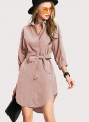 Fashion Turn Down Collar Long Sleeve Solid Color Dress