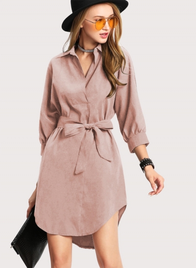 Fashion Turn Down Collar Long Sleeve Solid Color Dress YOUYOUFASHIONEC.com