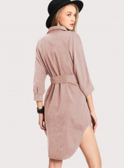 Fashion Turn Down Collar Long Sleeve Solid Color Dress