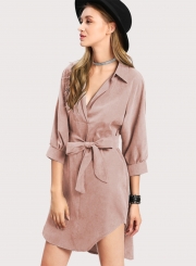 Fashion Turn Down Collar Long Sleeve Solid Color Dress