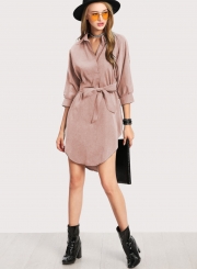 Fashion Turn Down Collar Long Sleeve Solid Color Dress