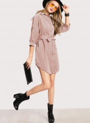 Fashion Turn Down Collar Long Sleeve Solid Color Dress