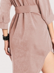 Fashion Turn Down Collar Long Sleeve Solid Color Dress