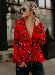 Deep V Neck Floral Printed Peplum Blouse