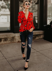 Deep V Neck Floral Printed Peplum Blouse