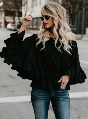 Fashion Off Shoulder Flare Sleeve Pearls Loose Blouse