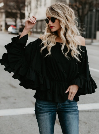 Fashion Off Shoulder Flare Sleeve Pearls Loose Blouse STYLESIMO.com