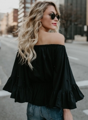 Fashion Off Shoulder Flare Sleeve Pearls Loose Blouse