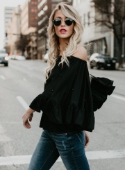 Fashion Off Shoulder Flare Sleeve Pearls Loose Blouse
