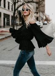 Fashion Off Shoulder Flare Sleeve Pearls Loose Blouse