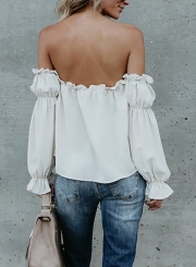 Fashion Off Shoulder Long Sleeve Ruffle Chiffon Blouse