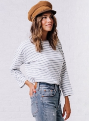 Fashion Round Neck Long Sleeve Striped Tee Shirt