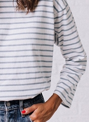 Fashion Round Neck Long Sleeve Striped Tee Shirt