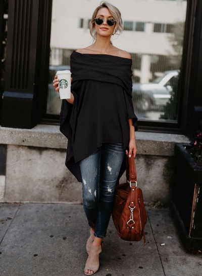 Fashion Off Shoulder Slit Irregular Loose Fit Tee